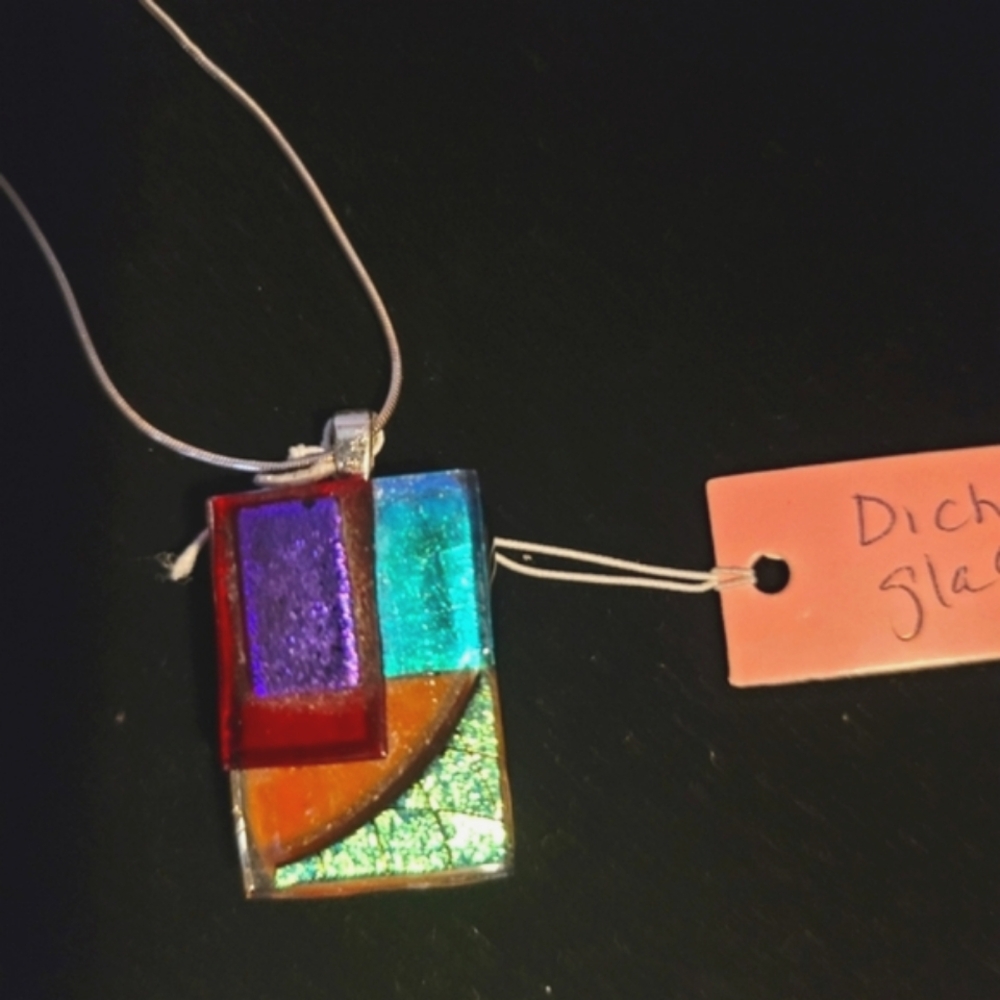 Gorgeous Multi-Layer Dichroic Glass Pendant Necklace w/ 16" Sterling Snake Chain